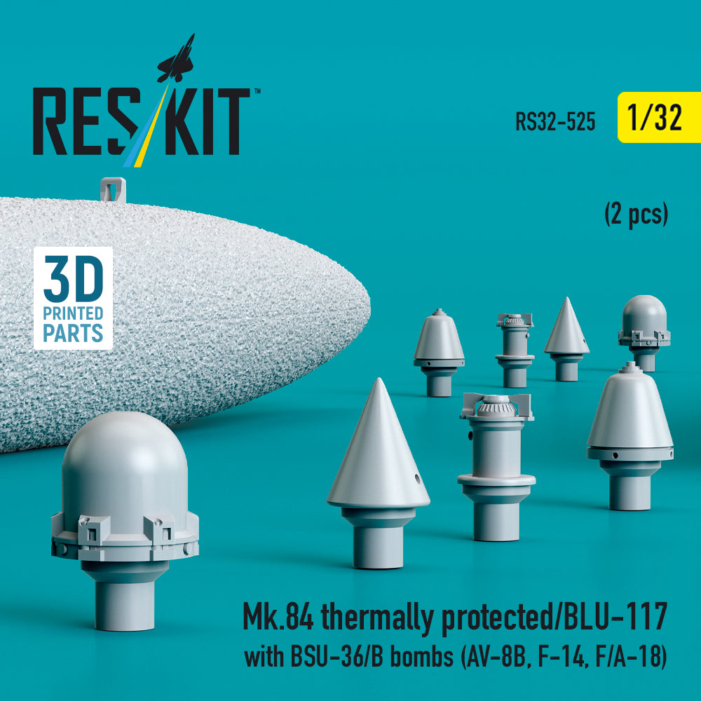 Mk,84 Thermally Protected/BLU-117 with BSU-36/B Bombs (2 pcs) (AV-8B, F-14, F/A-18) (3D Printed) Scale 1:32 ResKit RS32-0525 for Aircraft Model Kit