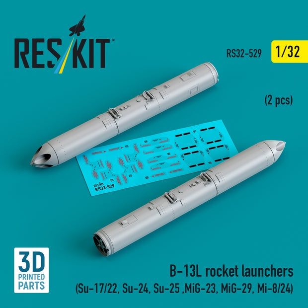 B-13L Rocket Launchers (2 pcs) (Su-17/22, Su-24, Su-25 ,MiG-23, MiG-29, Mi-8/24) (3D Printed) Scale 1:32 ResKit RS32-0529 for Helicopters / Aircraft Model Kit