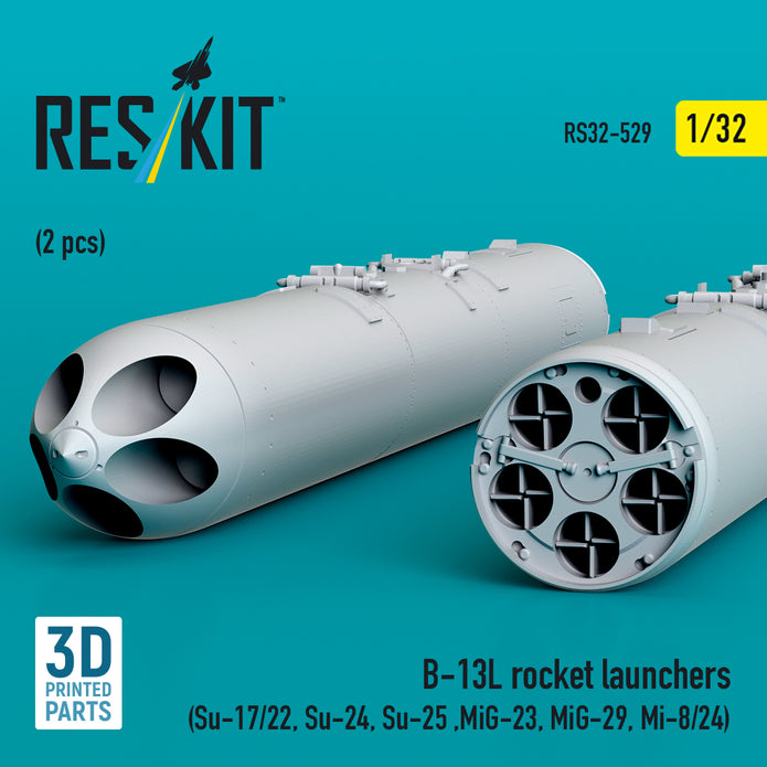 B-13L Rocket Launchers (2 pcs) (Su-17/22, Su-24, Su-25 ,MiG-23, MiG-29, Mi-8/24) (3D Printed) Scale 1:32 ResKit RS32-0529 for Helicopters / Aircraft Model Kit