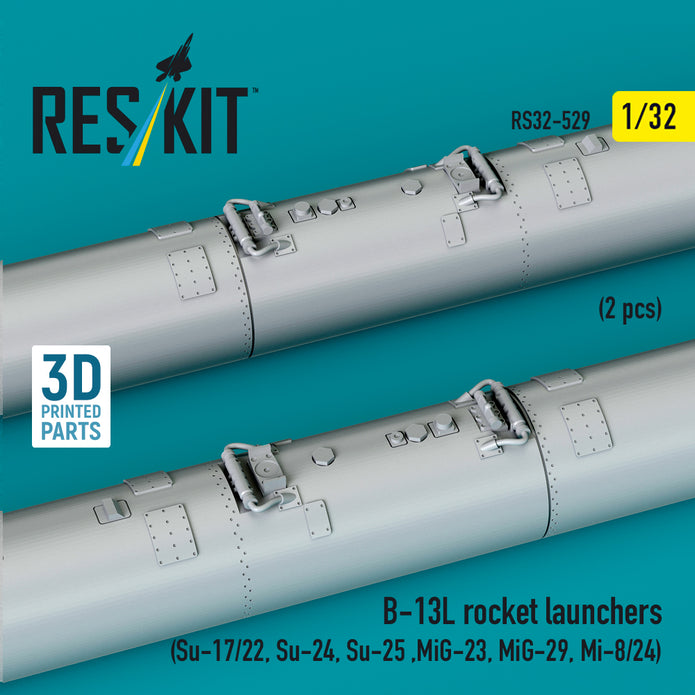B-13L Rocket Launchers (2 pcs) (Su-17/22, Su-24, Su-25 ,MiG-23, MiG-29, Mi-8/24) (3D Printed) Scale 1:32 ResKit RS32-0529 for Helicopters / Aircraft Model Kit