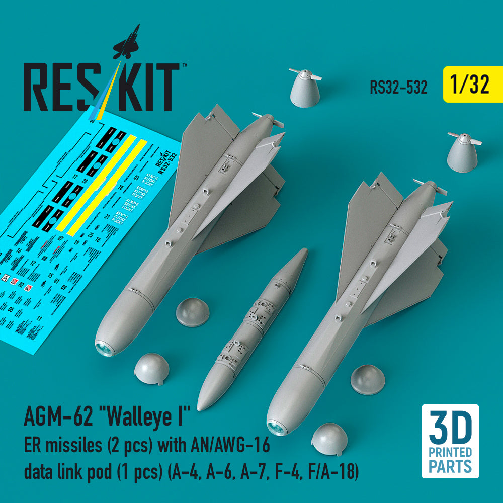 AGM-62 Walleye I ER missiles (2 pcs) with AN/AWG-16 data link pod (1 pcs) (A-4, A-6, A-7, F-4, F/A-18) (3D Printed) Scale 1:32 ResKit RS32-0532