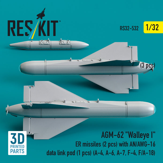 AGM-62 Walleye I ER missiles (2 pcs) with AN/AWG-16 data link pod (1 pcs) (A-4, A-6, A-7, F-4, F/A-18) (3D Printed) Scale 1:32 ResKit RS32-0532
