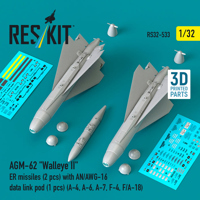 AGM-62 Walleye II ER missiles (2 pcs) with AN/AWG-16 data link pod (1 pcs) (A-4, A-6, A-7, F-4, F/A-18) (3D Printed) Scale 1:32 ResKit RS32-0533