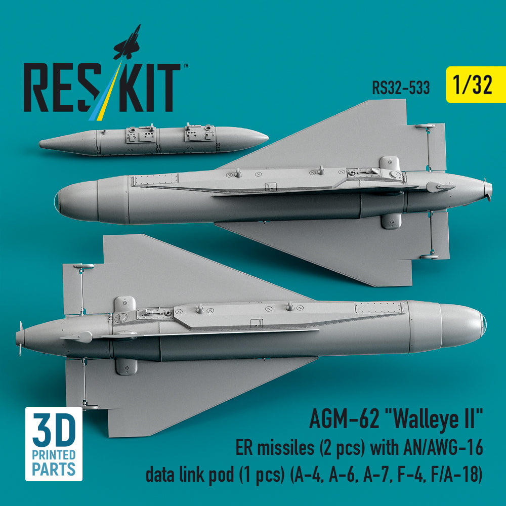 AGM-62 Walleye II ER missiles (2 pcs) with AN/AWG-16 data link pod (1 pcs) (A-4, A-6, A-7, F-4, F/A-18) (3D Printed) Scale 1:32 ResKit RS32-0533