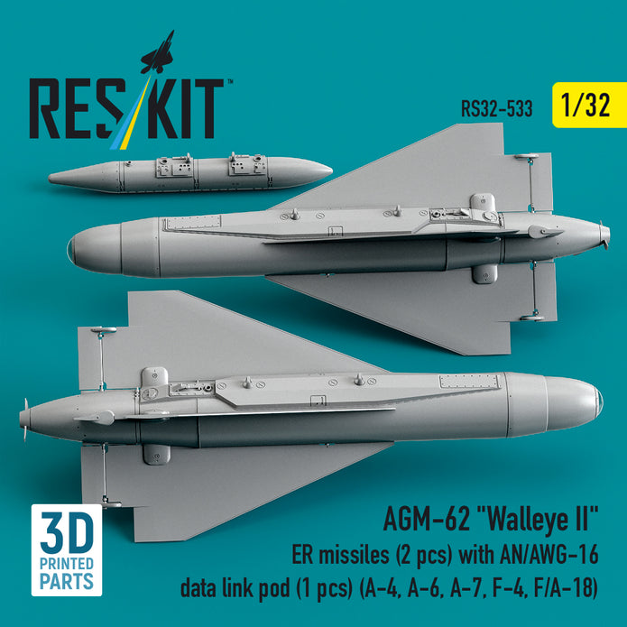 AGM-62 Walleye II ER missiles (2 pcs) with AN/AWG-16 data link pod (1 pcs) (A-4, A-6, A-7, F-4, F/A-18) (3D Printed) Scale 1:32 ResKit RS32-0533