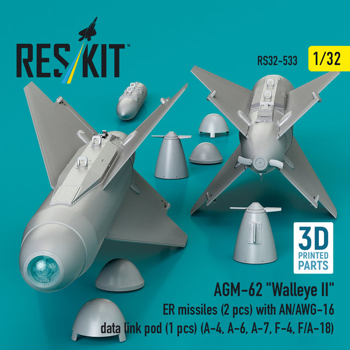 AGM-62 Walleye II ER missiles (2 pcs) with AN/AWG-16 data link pod (1 pcs) (A-4, A-6, A-7, F-4, F/A-18) (3D Printed) Scale 1:32 ResKit RS32-0533