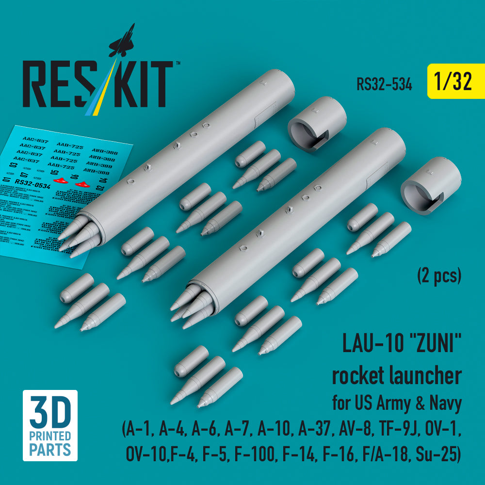 LAU-10 ZUNI rocket launcher for US Army & Navy (2 pcs) (A-1, A-4, A-6, A-7, A-10, A-37, AV-8, TF-9J, OV-1, OV-10, F-4, F-5, F-100, F-14, F-16, F/A-18, Su-25) (3D Printed) Scale 1:32 ResKit RS32-0534