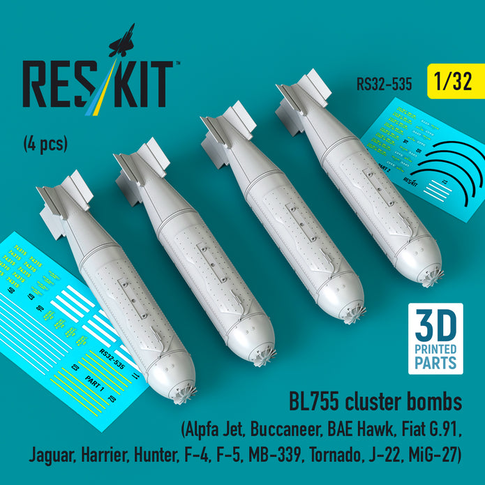 BL755 cluster bombs (4 pcs) (Alpfa Jet, Buccaneer, BAE Hawk, Fiat G.91, Jaguar, Harrier, Hunter, F-4, F-5, MB-339, Tornado, J-22, MiG-27) (3D Printed) Scale 1:32 ResKit RS32-0535