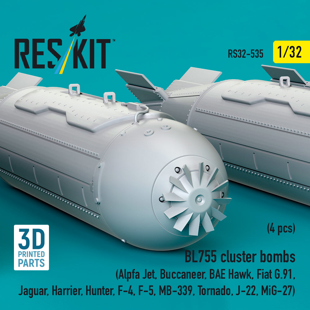 BL755 cluster bombs (4 pcs) (Alpfa Jet, Buccaneer, BAE Hawk, Fiat G.91, Jaguar, Harrier, Hunter, F-4, F-5, MB-339, Tornado, J-22, MiG-27) (3D Printed) Scale 1:32 ResKit RS32-0535