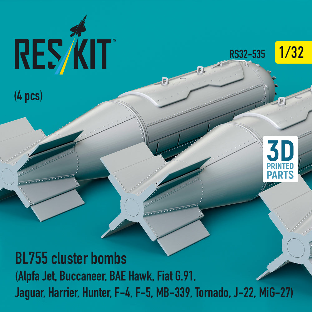 BL755 cluster bombs (4 pcs) (Alpfa Jet, Buccaneer, BAE Hawk, Fiat G.91, Jaguar, Harrier, Hunter, F-4, F-5, MB-339, Tornado, J-22, MiG-27) (3D Printed) Scale 1:32 ResKit RS32-0535