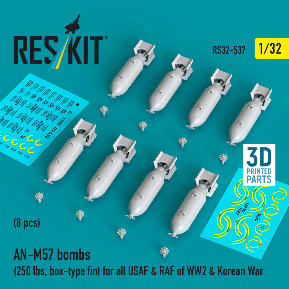 AN-M57 bombs (250 lbs, box-type fin) for all USAF & RAF of WW2 & Korean War (8 pcs) (3D Printed) Scale 1:32 ResKit RS32-0537
