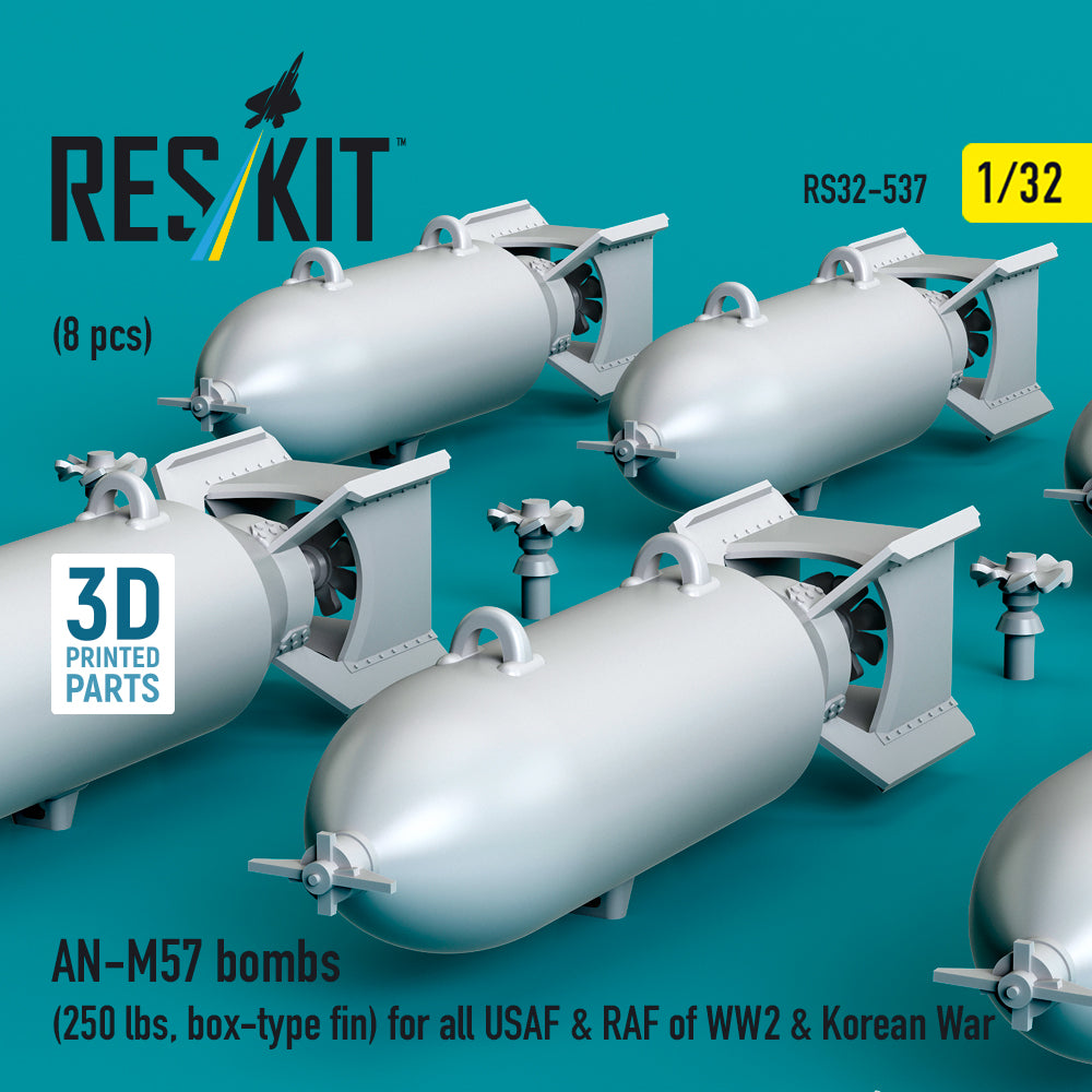 AN-M57 bombs (250 lbs, box-type fin) for all USAF & RAF of WW2 & Korean War (8 pcs) (3D Printed) Scale 1:32 ResKit RS32-0537