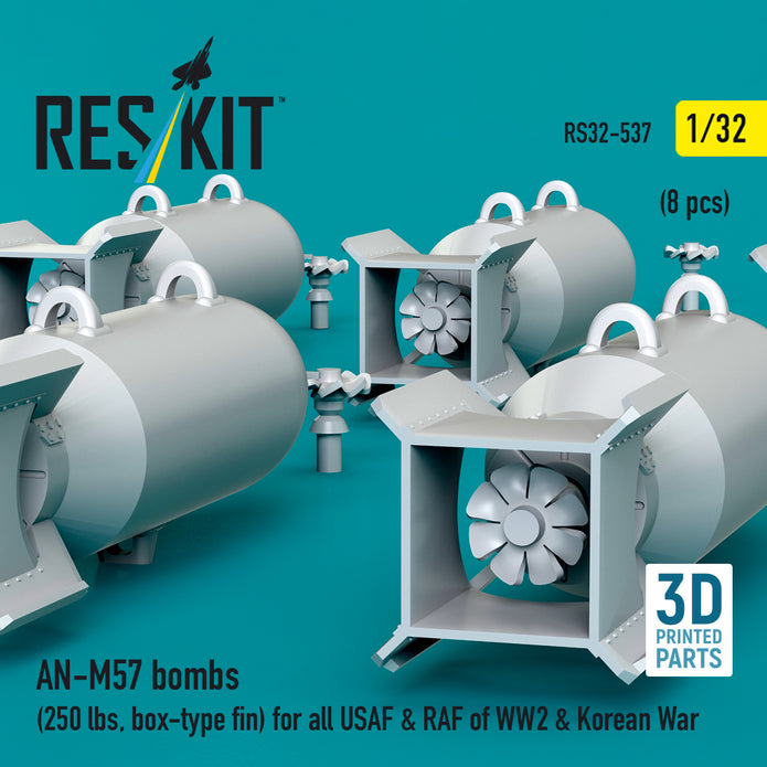 AN-M57 bombs (250 lbs, box-type fin) for all USAF & RAF of WW2 & Korean War (8 pcs) (3D Printed) Scale 1:32 ResKit RS32-0537