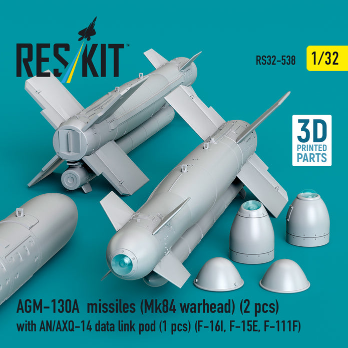AGM-130A missiles (Mk84 warhead) (2 pcs) with AN/AXQ-14 data link pod (1 pcs) (F-16I, F-15E, F-111F) (3D Printed) Scale 1:32 ResKit RS32-0538