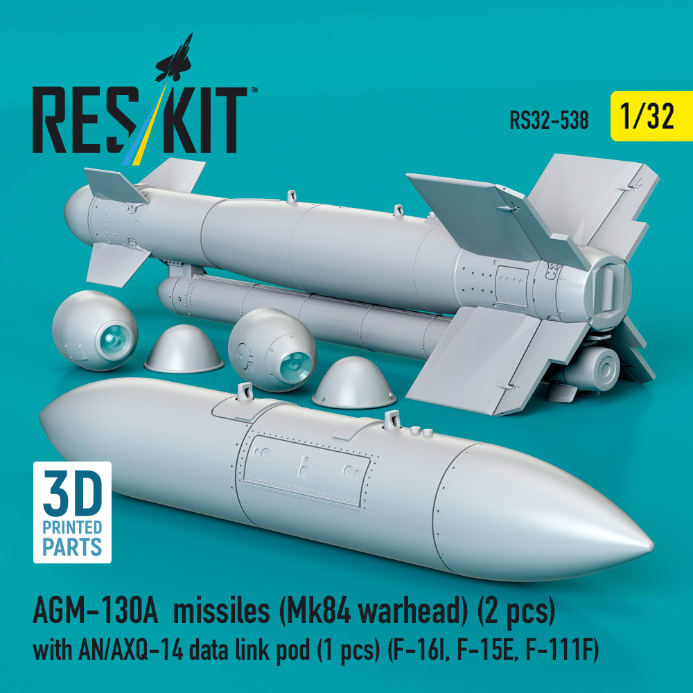 AGM-130A missiles (Mk84 warhead) (2 pcs) with AN/AXQ-14 data link pod (1 pcs) (F-16I, F-15E, F-111F) (3D Printed) Scale 1:32 ResKit RS32-0538