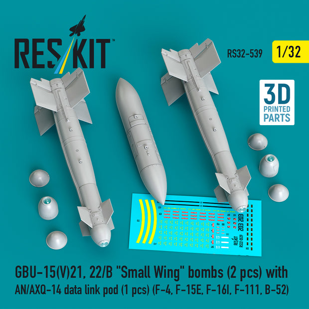 GBU-15(V)21, 22/B Small Wing bombs (2 pcs) with AN/AXQ-14 data link pod (1 pcs) (F-4, F-15E, F-16I, F-111, B-52) (3D Printed) Scale 1:32 ResKit RS32-0539