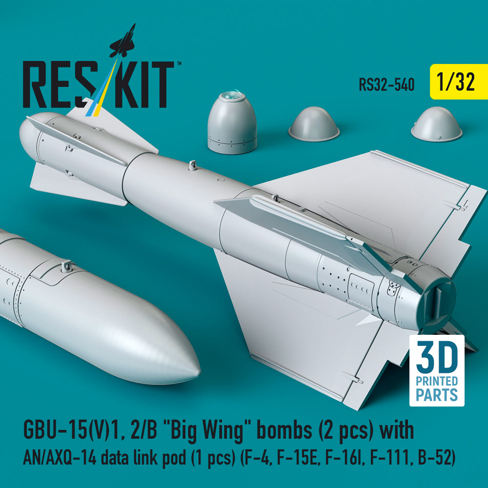 GBU-15(V)1, 2/B Big Wing bombs (2 pcs) with AN/AXQ-14 data link pod (1 pcs) (F-4, F-15E, F-16I, F-111, B-52) (3D Printed) Scale 1:32 ResKit RS32-0540
