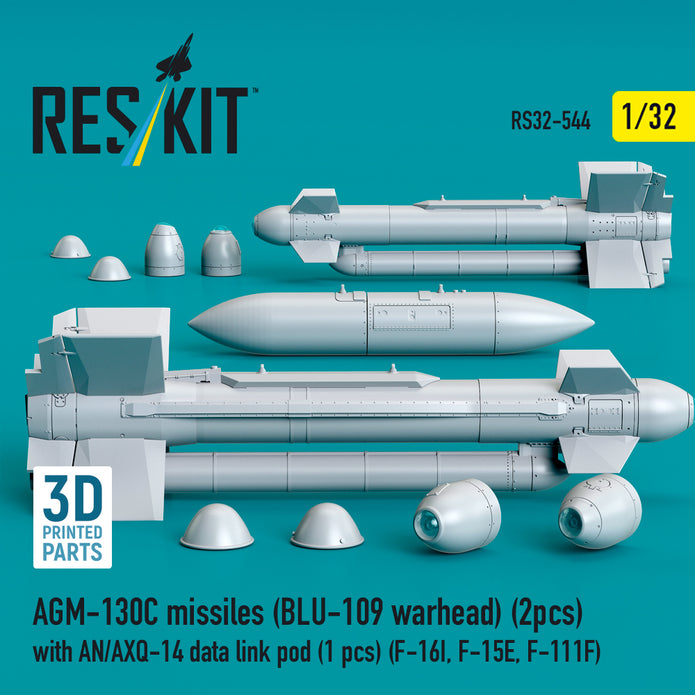 AGM-130C missiles (BLU-109 warhead) (2 pcs) with AN/AXQ-14 data link pod (1 pcs) (F-16I, F-15E, F-111F) (3D Printed) Scale 1:32 ResKit RS32-0544