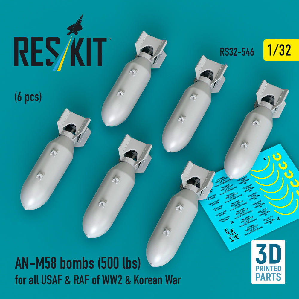 AN-M58 bombs (500 lbs) for all USAF & RAF of WW2 & Korean War (6 pcs) (3D Printed) Scale 1:32 ResKit RS32-0546