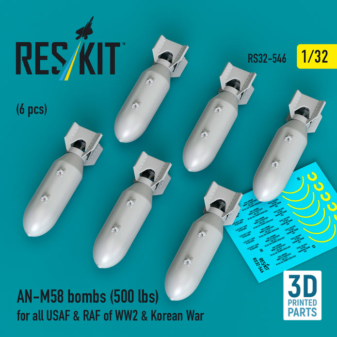AN-M58 bombs (500 lbs) for all USAF & RAF of WW2 & Korean War (6 pcs) (3D Printed) Scale 1:32 ResKit RS32-0546