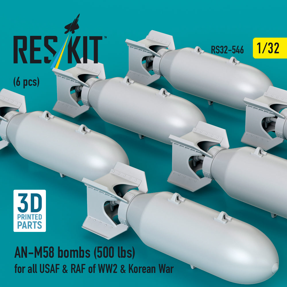 AN-M58 bombs (500 lbs) for all USAF & RAF of WW2 & Korean War (6 pcs) (3D Printed) Scale 1:32 ResKit RS32-0546