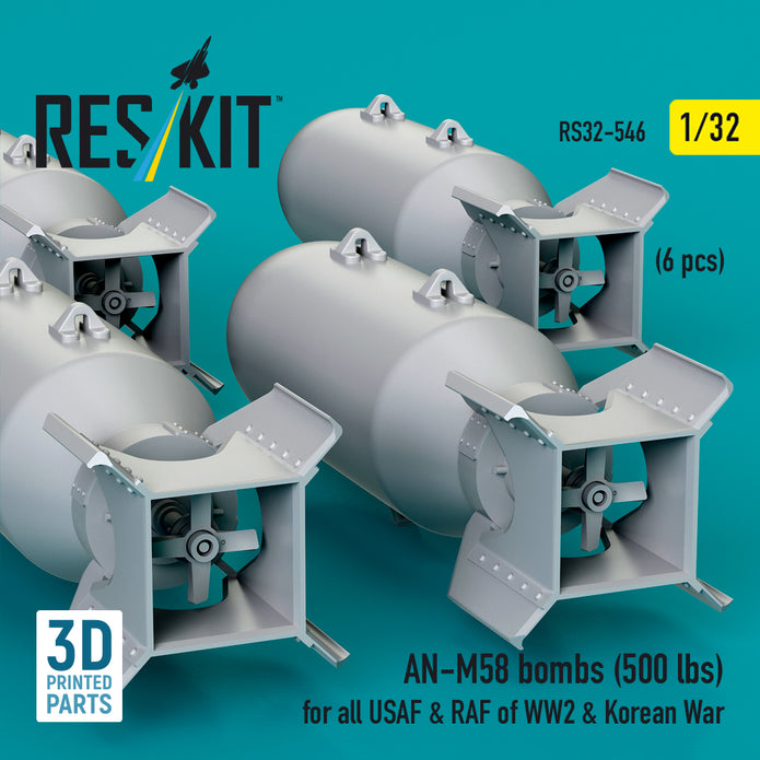 AN-M58 bombs (500 lbs) for all USAF & RAF of WW2 & Korean War (6 pcs) (3D Printed) Scale 1:32 ResKit RS32-0546