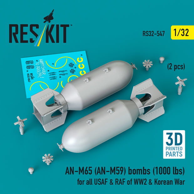 AN-M65 (AN-M59) bombs (1000 lbs) for all USAF & RAF of WW2 & Korean War (2 pcs) (3D Printed) Scale 1:32 ResKit RS32-0547