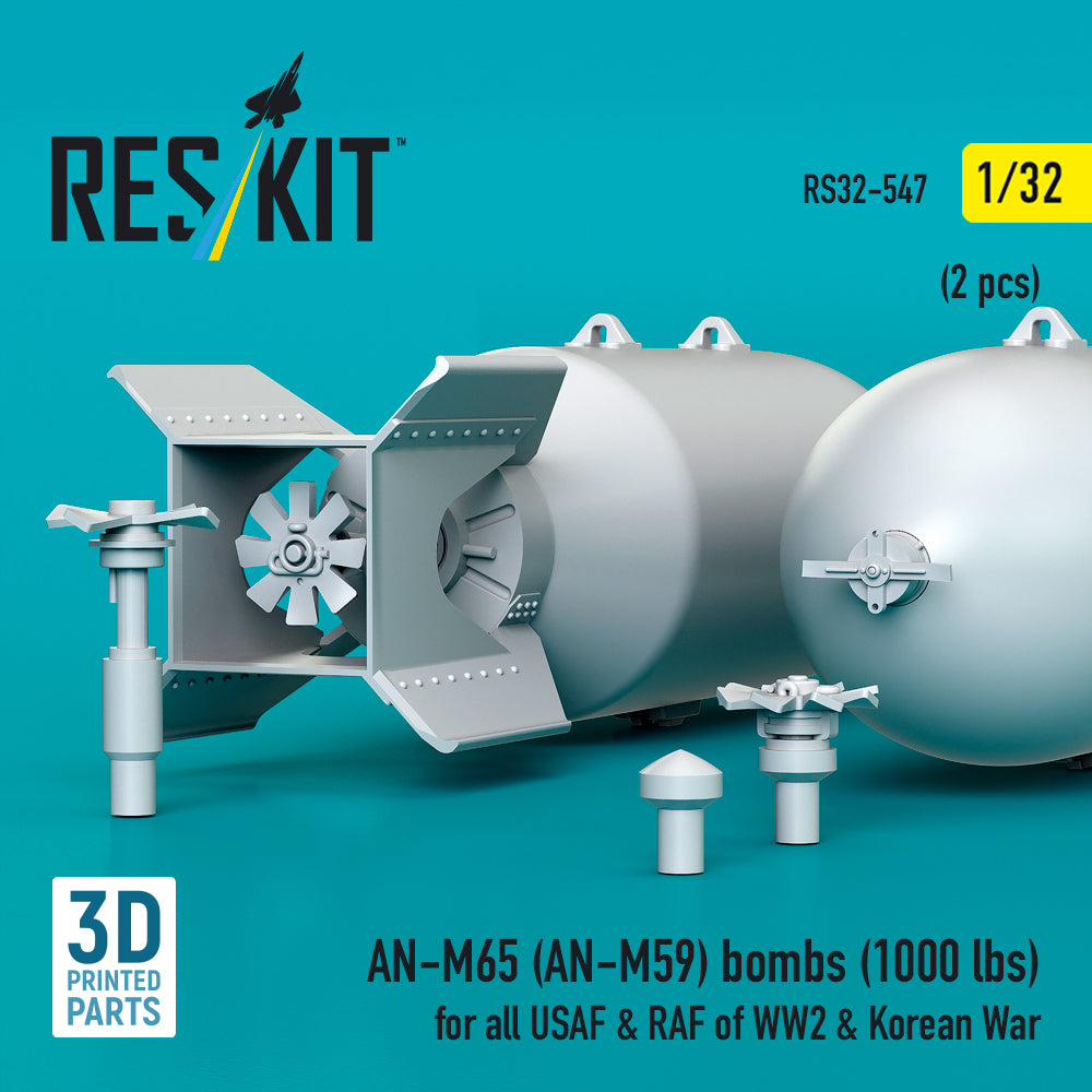 AN-M65 (AN-M59) bombs (1000 lbs) for all USAF & RAF of WW2 & Korean War (2 pcs) (3D Printed) Scale 1:32 ResKit RS32-0547