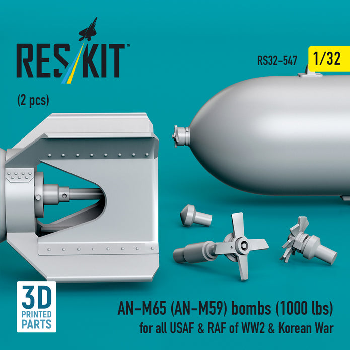 AN-M65 (AN-M59) bombs (1000 lbs) for all USAF & RAF of WW2 & Korean War (2 pcs) (3D Printed) Scale 1:32 ResKit RS32-0547