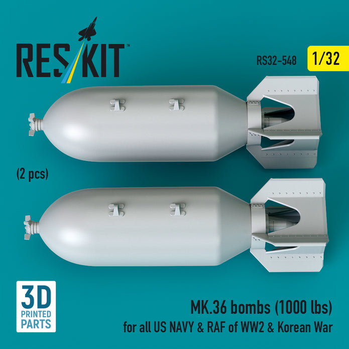 MK.36 bombs (1000 lbs) for all US NAVY & RAF of WW2 & Korean War (2 pcs) (3D Printed) Scale 1:32 ResKit RS32-0548