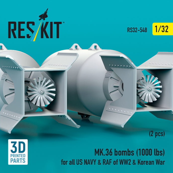 MK.36 bombs (1000 lbs) for all US NAVY & RAF of WW2 & Korean War (2 pcs) (3D Printed) Scale 1:32 ResKit RS32-0548
