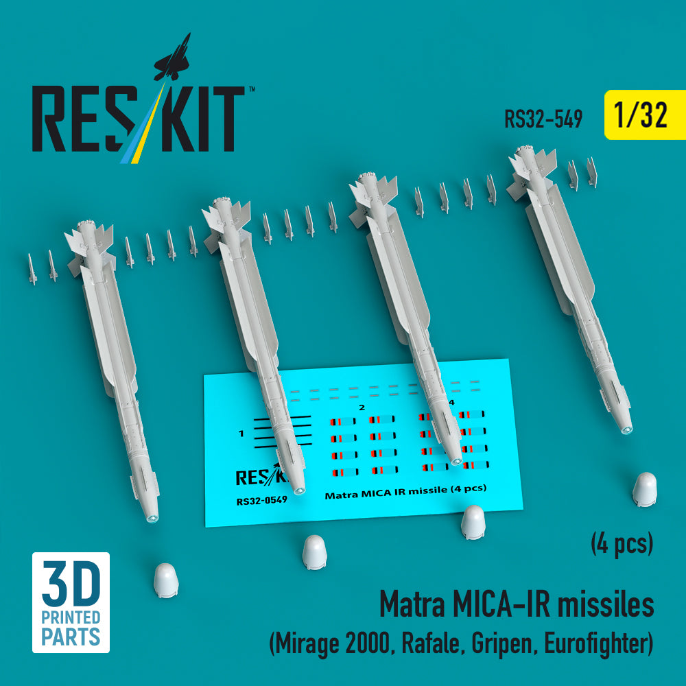 Matra MICA-IR missiles (4 pcs) (Mirage 2000, Rafale, Gripen, Eurofighter) (3D Printed) Scale 1:32 ResKit RS32-0549