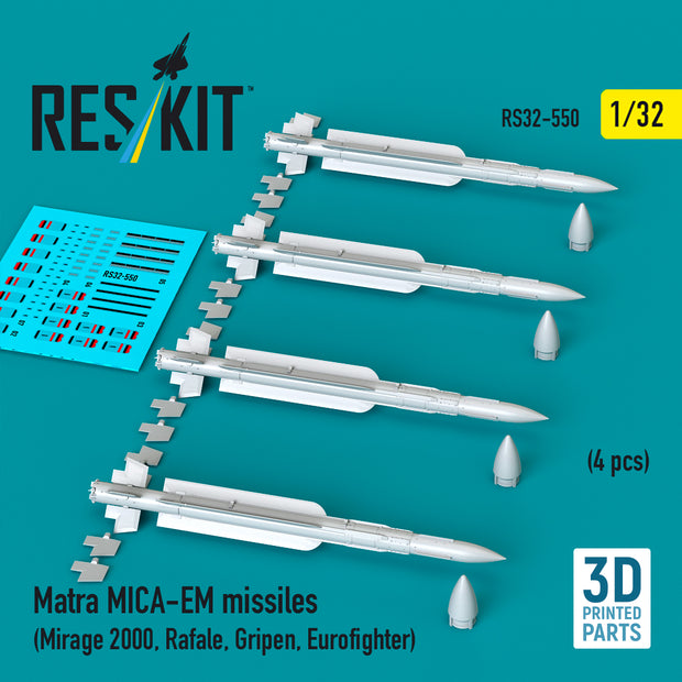 Matra MICA-EM missiles (4 pcs) (Mirage 2000, Rafale, Gripen, Eurofighter) (3D Printed) Scale 1:32 ResKit RS32-0550