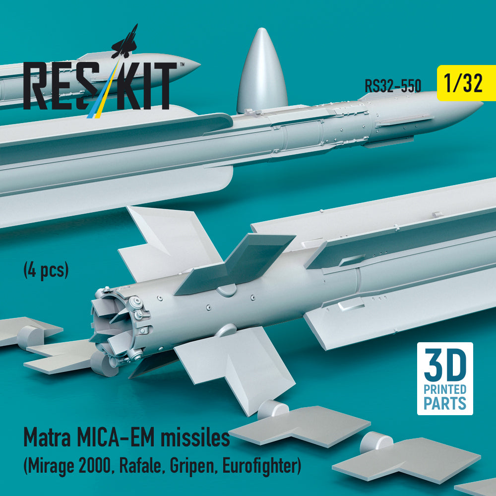 Matra MICA-EM missiles (4 pcs) (Mirage 2000, Rafale, Gripen, Eurofighter) (3D Printed) Scale 1:32 ResKit RS32-0550