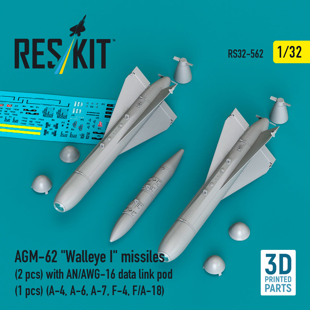 AGM-62 Walleye I missiles (2 pcs) with AN/AWG-16 data link pod (1 pcs) (A-4, A-6, A-7, F-4, F/A-18) (3D Printed) Scale 1:32 ResKit RS32-0562