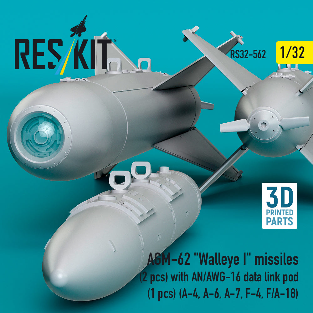 AGM-62 Walleye I missiles (2 pcs) with AN/AWG-16 data link pod (1 pcs) (A-4, A-6, A-7, F-4, F/A-18) (3D Printed) Scale 1:32 ResKit RS32-0562