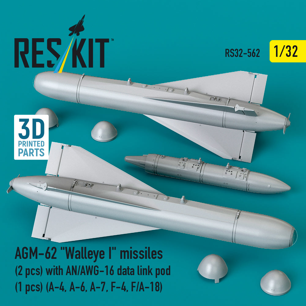 AGM-62 Walleye I missiles (2 pcs) with AN/AWG-16 data link pod (1 pcs) (A-4, A-6, A-7, F-4, F/A-18) (3D Printed) Scale 1:32 ResKit RS32-0562