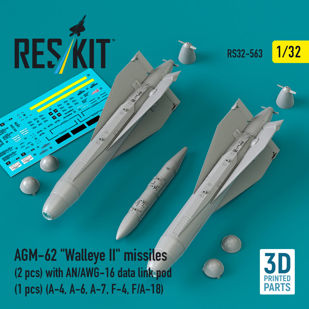 AGM-62 Walleye II missiles (2 pcs) with AN/AWG-16 data link pod (1 pcs) (A-4, A-6, A-7, F-4, F/A-18) (3D Printed) Scale 1:32 ResKit RS32-0563