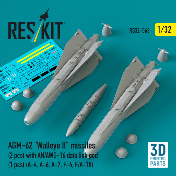 AGM-62 Walleye II missiles (2 pcs) with AN/AWG-16 data link pod (1 pcs) (A-4, A-6, A-7, F-4, F/A-18) (3D Printed) Scale 1:32 ResKit RS32-0563