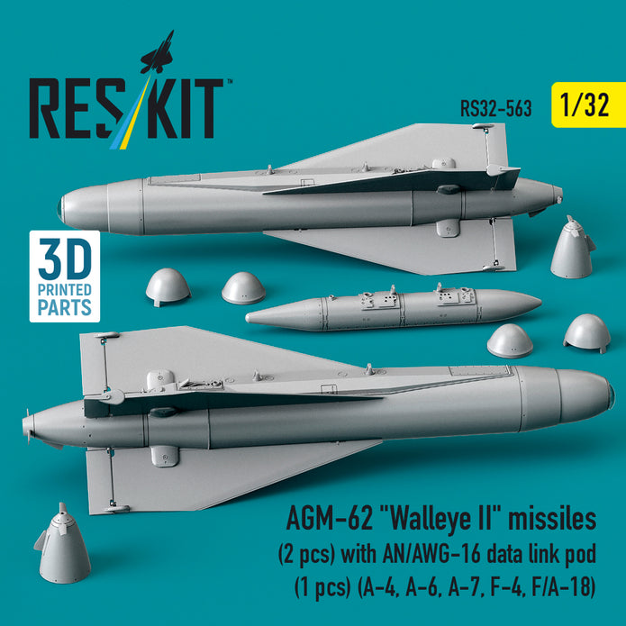 AGM-62 Walleye II missiles (2 pcs) with AN/AWG-16 data link pod (1 pcs) (A-4, A-6, A-7, F-4, F/A-18) (3D Printed) Scale 1:32 ResKit RS32-0563