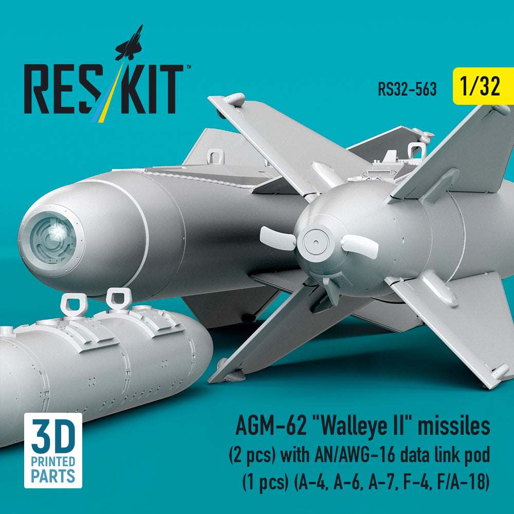 AGM-62 Walleye II missiles (2 pcs) with AN/AWG-16 data link pod (1 pcs) (A-4, A-6, A-7, F-4, F/A-18) (3D Printed) Scale 1:32 ResKit RS32-0563