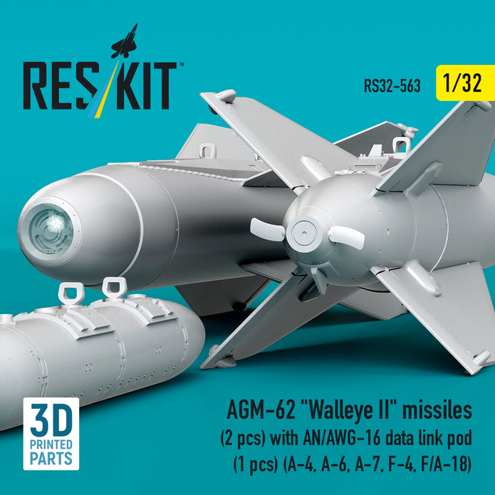 AGM-62 Walleye II missiles (2 pcs) with AN/AWG-16 data link pod (1 pcs) (A-4, A-6, A-7, F-4, F/A-18) (3D Printed) Scale 1:32 ResKit RS32-0563