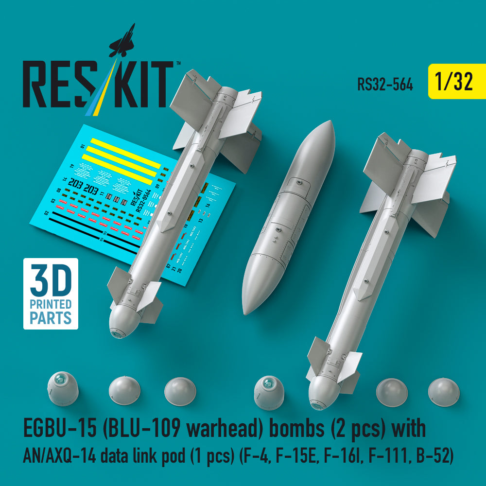 EGBU-15 (BLU-109 warhead) bombs (2 pcs) with AN/AXQ-14 data link pod (1 pcs) (F-4, F-15E, F-16I, F-111, B-52) (3D Printed) Scale 1:32 ResKit RS32-0564