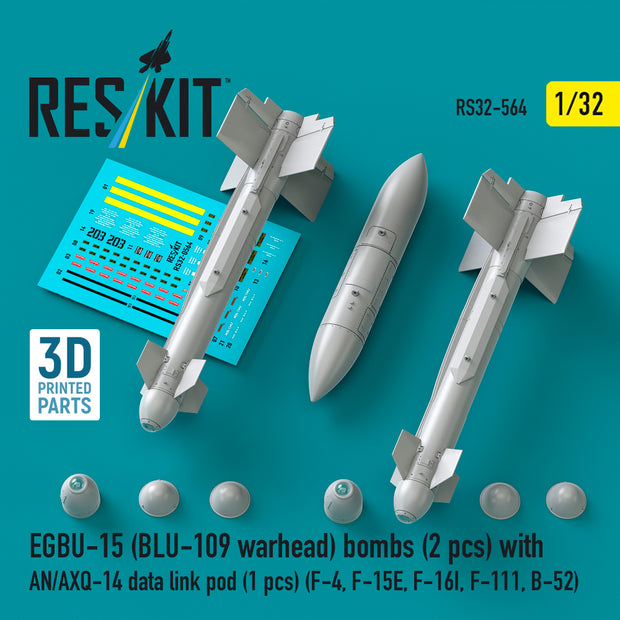 EGBU-15 (BLU-109 warhead) bombs (2 pcs) with AN/AXQ-14 data link pod (1 pcs) (F-4, F-15E, F-16I, F-111, B-52) (3D Printed) Scale 1:32 ResKit RS32-0564