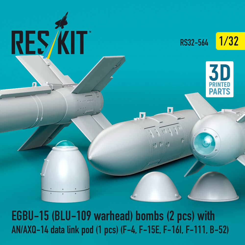 EGBU-15 (BLU-109 warhead) bombs (2 pcs) with AN/AXQ-14 data link pod (1 pcs) (F-4, F-15E, F-16I, F-111, B-52) (3D Printed) Scale 1:32 ResKit RS32-0564