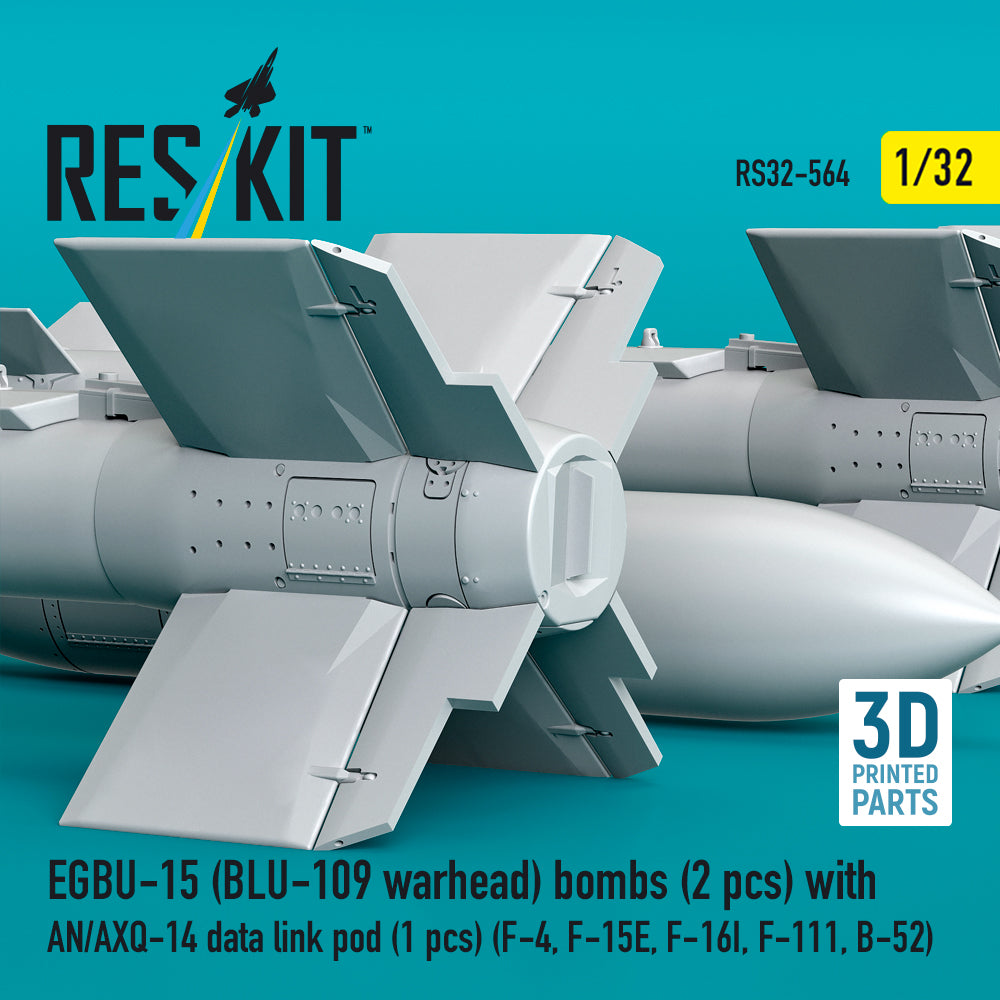 EGBU-15 (BLU-109 warhead) bombs (2 pcs) with AN/AXQ-14 data link pod (1 pcs) (F-4, F-15E, F-16I, F-111, B-52) (3D Printed) Scale 1:32 ResKit RS32-0564