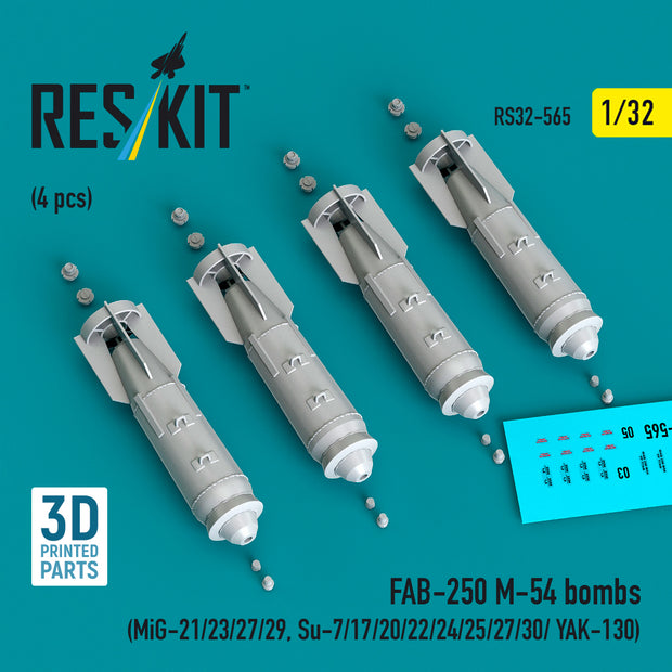 FAB-250 М-54 bombs (4 pcs) (MiG-21/23/27/29, Su-7/17/20/22/24/25/27/30/ YAK-130) (3D Printed) Scale 1:32 ResKit RS32-0565