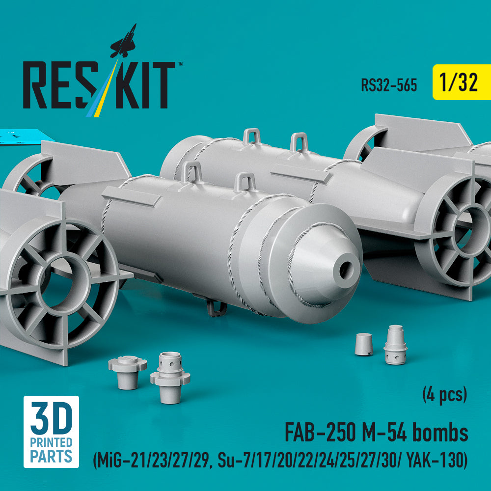 FAB-250 М-54 bombs (4 pcs) (MiG-21/23/27/29, Su-7/17/20/22/24/25/27/30/ YAK-130) (3D Printed) Scale 1:32 ResKit RS32-0565