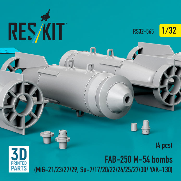 FAB-250 М-54 bombs (4 pcs) (MiG-21/23/27/29, Su-7/17/20/22/24/25/27/30/ YAK-130) (3D Printed) Scale 1:32 ResKit RS32-0565