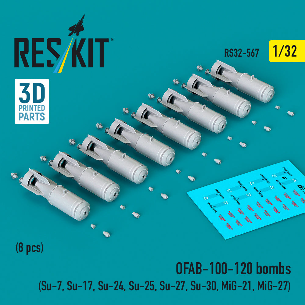 OFAB-100-120 bombs (8 pcs) (Su-7, Su-17, Su-24, Su-25, Su-27, Su-30, MiG-21, MiG-27) (3D Printed) Scale 1:32 ResKit RS32-0567